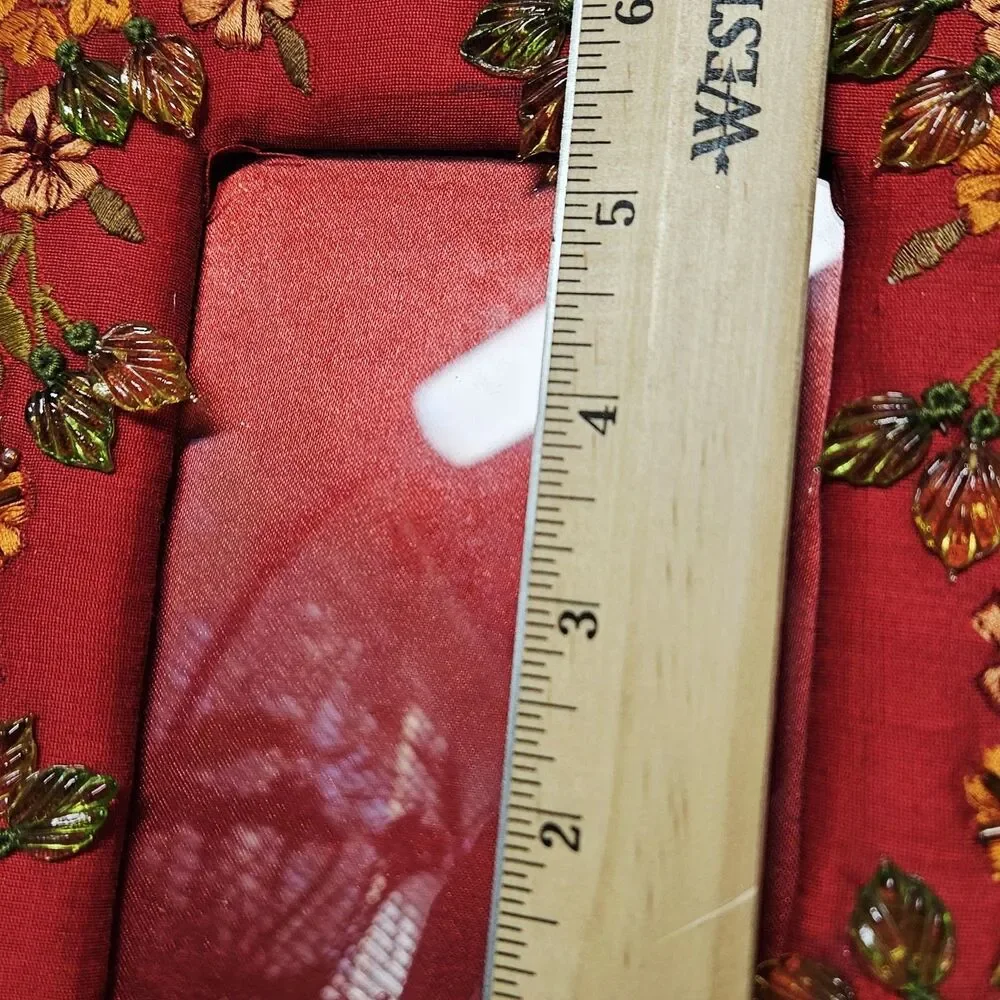 Vtg Photo Frame Gift Red Satin Fabric Embroidered beads Floral Beading 4 x 6 pic